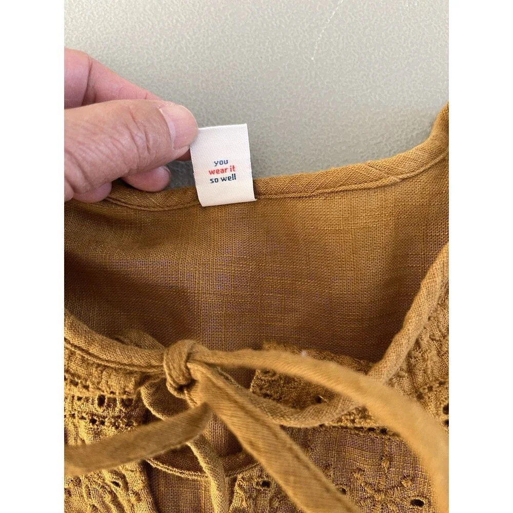 Old Navy Eyelet Lace Tie Neck Womens Top XL Honey Gold Brown Cotton Tiered Boho